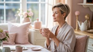 Midlife woman enjoying a calm, unrushed morning at home with a cup of tea in soft natural light, creating a peaceful and relaxing start to the day.