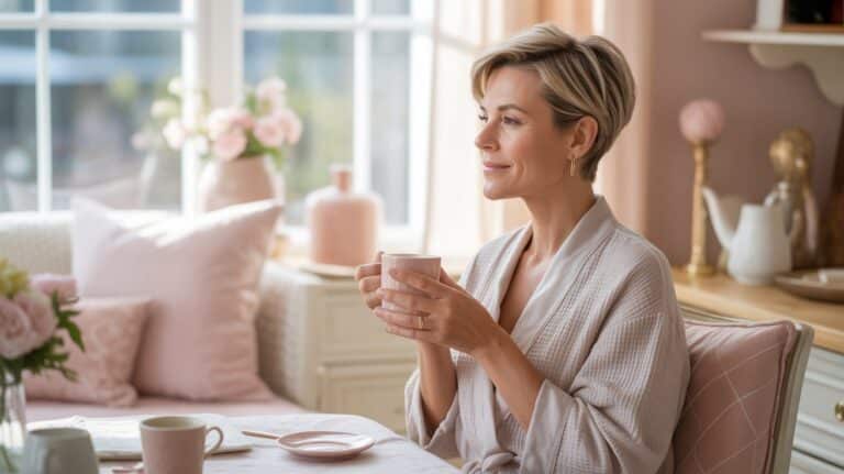 Midlife woman enjoying a calm, unrushed morning at home with a cup of tea in soft natural light, creating a peaceful and relaxing start to the day.