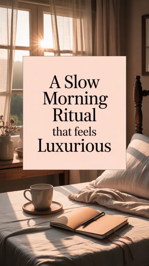 Sunlit slow morning setup with coffee, journal, and soft textures promoting a calm and luxurious start to the day.