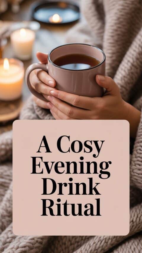 Warm evening drink ritual with a cosy mug and candlelight to relax and unwind at home.