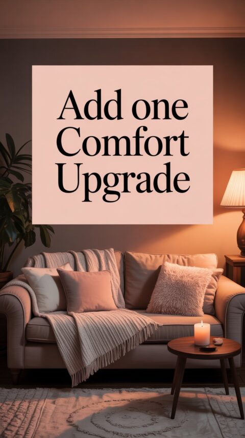 Cosy sofa with candle and throw representing comfort upgrades for a calming home refresh