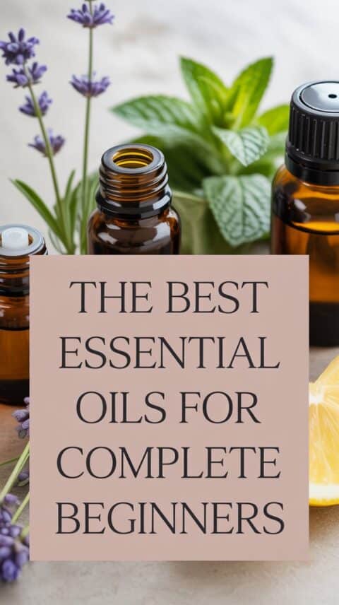 Beginner essential oils including lavender, lemon, peppermint, eucalyptus, and tea tree
