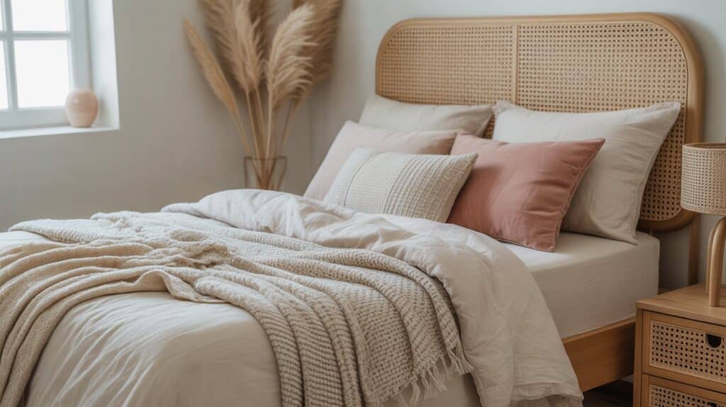 Boho bedroom sanctuary with soft neutral bedding, warm lighting, and natural textures designed for midlife women