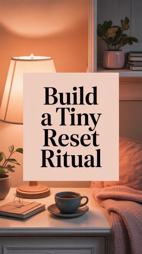 Cosy evening home scene with soft lighting and blush pink text overlay reading build a tiny reset ritual