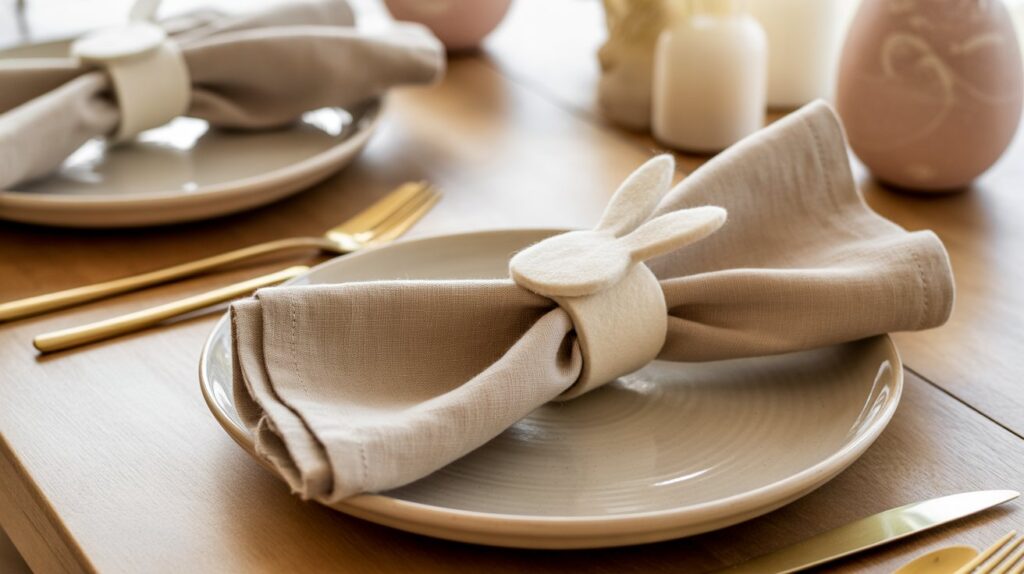 Neutral linen napkins styled with simple felt bunny napkin rings on an Easter table.