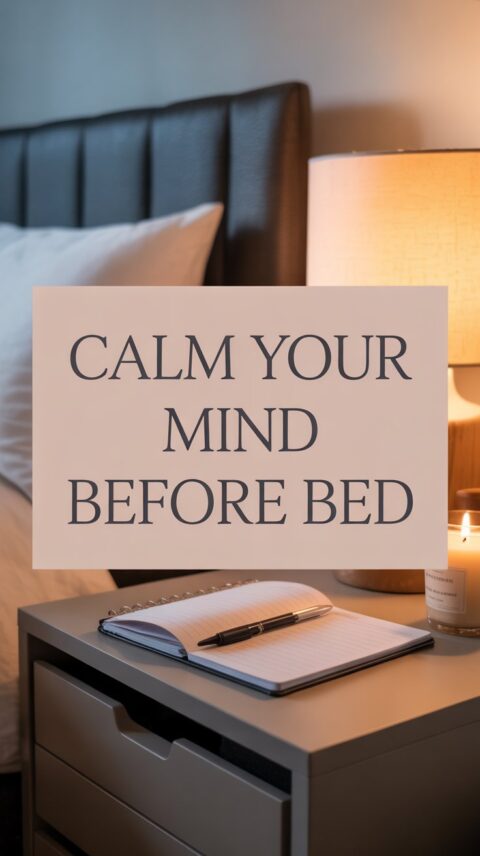 Bedside evening ritual with notebook and candle to calm the mind before sleep.