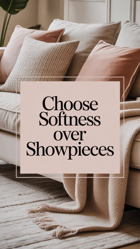 Soft cosy sofa with layered cushions and throws styled for comfort