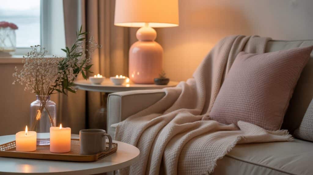 Cosy evening rituals for midlife women with candles, soft lighting, and a calm home atmosphere for winding down at night.