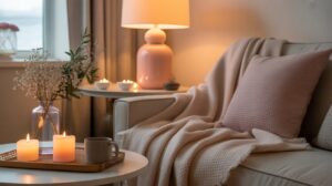 Cosy evening rituals for midlife women with candles, soft lighting, and a calm home atmosphere for winding down at night.
