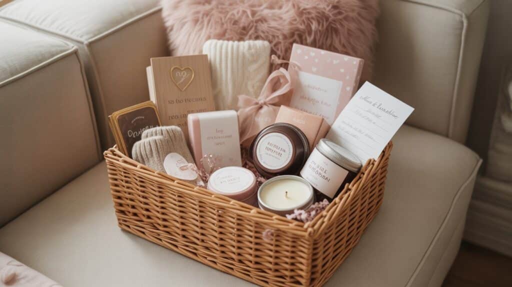 Budget-friendly Valentine’s gift basket styled beautifully with affordable items and romantic details