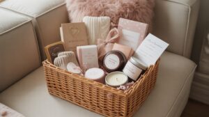 Budget-friendly Valentine’s gift basket styled beautifully with affordable items and romantic details