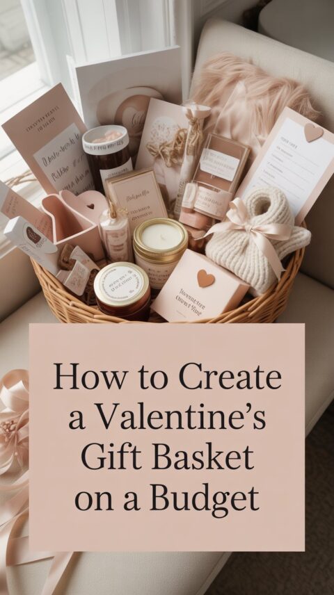 Budget-friendly Valentine’s gift basket styled beautifully with affordable items and romantic details