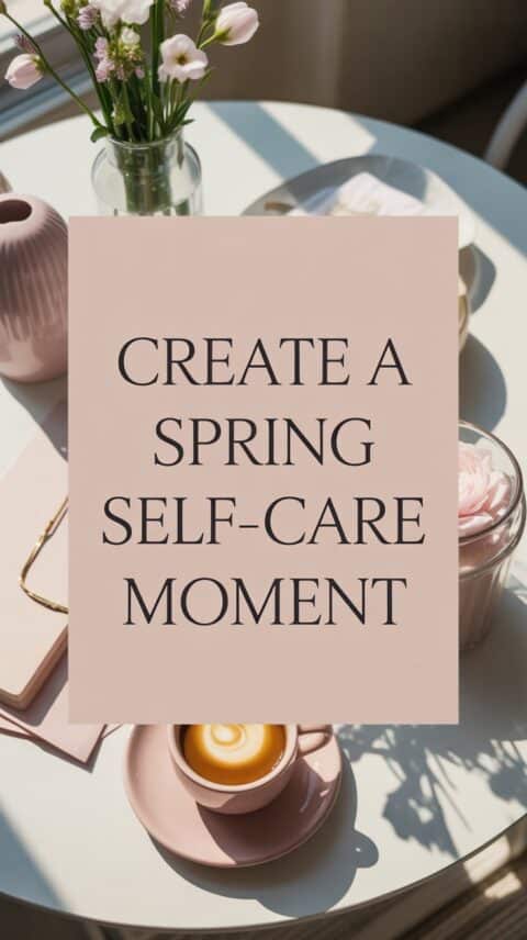 Solo spring self-care moment with coffee, flowers, and soft sunlight.