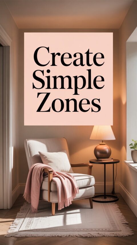 Cosy reading corner with chair and lamp featuring blush pink text overlay saying create simple zones