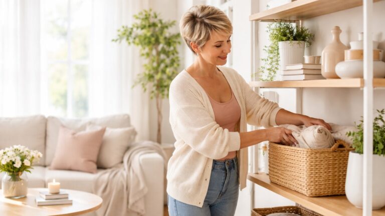 40+ woman with pixie highlighted hair placing folded blankets into a woven basket in a bright, calm living room, creating a tidy and peaceful home environment.