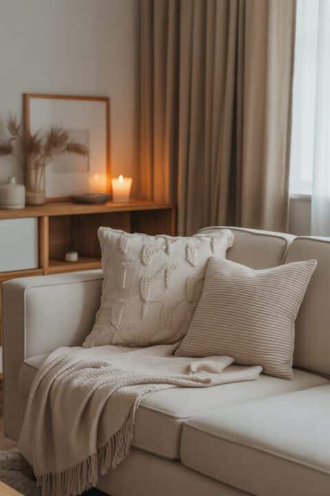 Cozy living room with plumped cushions, lit candle, and tidy surfaces during a calm weekly home reset.