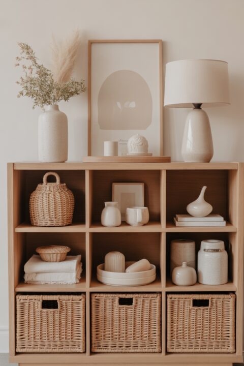 Organised shelves with baskets, trays, and everyday items neatly arranged in a calm, minimalist home.