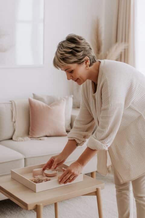 40+ woman with pixie highlighted hair holding a small stack of items while decluttering a bright wardrobe or shelf with space around it.