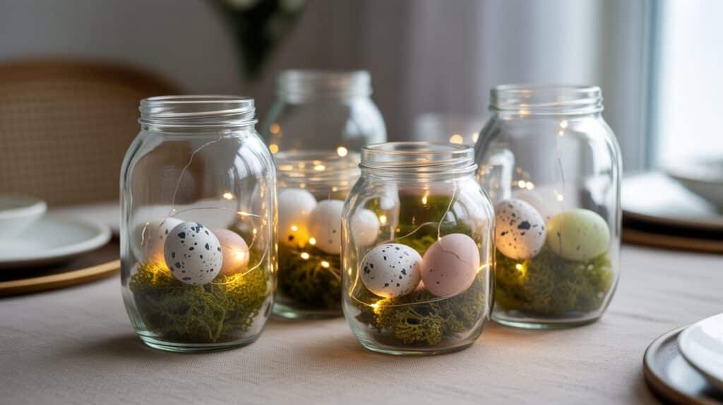 Glass jar Easter centerpiece filled with decorative eggs and moss on a neutral table.