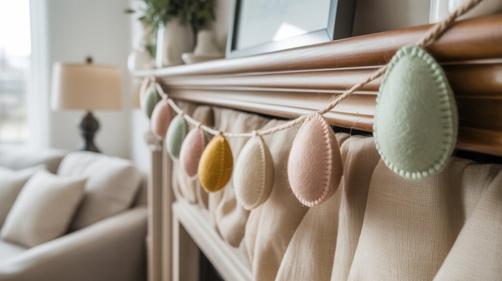 Felt Easter egg garland in soft pastel colors hanging on a neutral mantel for simple spring decor.