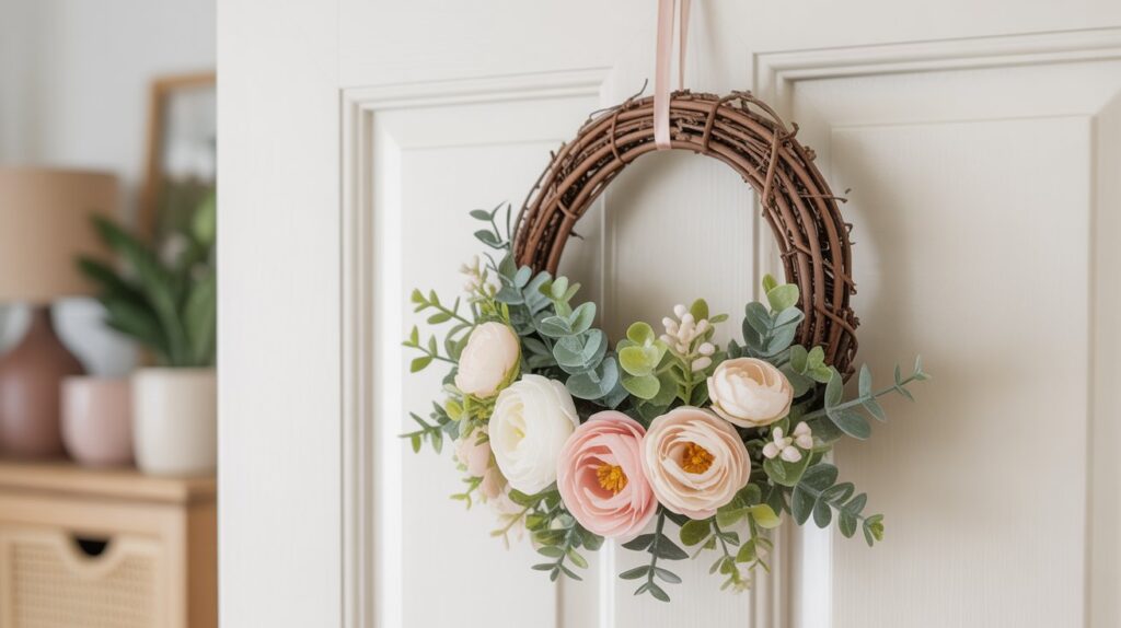 Small Easter wreath with greenery and pastel flowers hanging on an interior door.