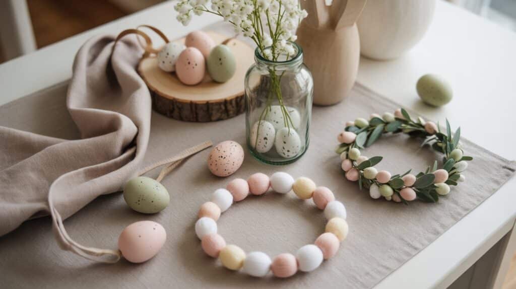 Easter craft flat lay featuring felt Easter egg garland, painted wooden eggs, a mini spring wreath, and a glass jar centerpiece styled on a neutral table with soft pastel tones.