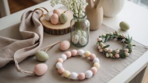 Easter craft flat lay featuring felt Easter egg garland, painted wooden eggs, a mini spring wreath, and a glass jar centerpiece styled on a neutral table with soft pastel tones.