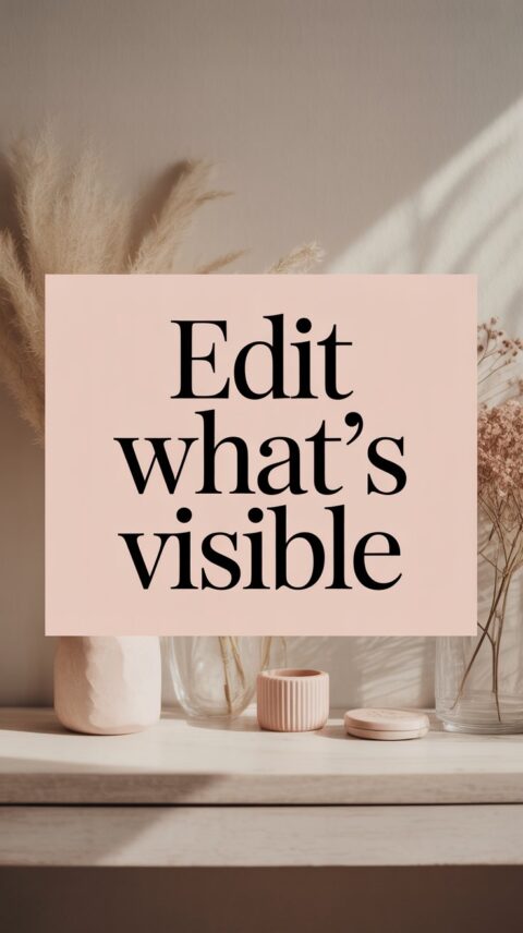 Minimal shelf with neutral decor and blush pink text overlay reading edit what’s visible