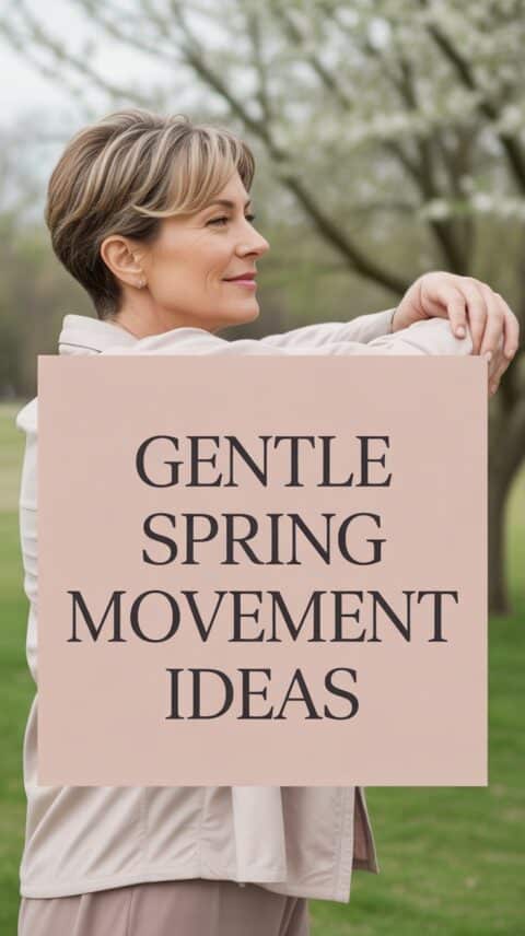 Gentle spring movement self-care with relaxed walking and soft natural scenery.