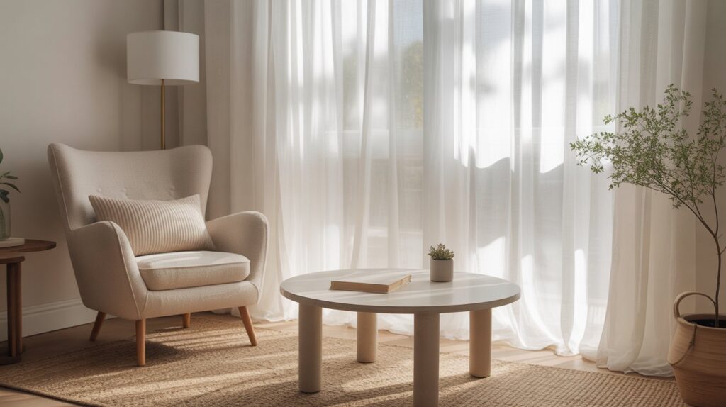 Calm minimalist living room with soft light and a blush pink text overlay reading how to create a calm home without buying more stuff