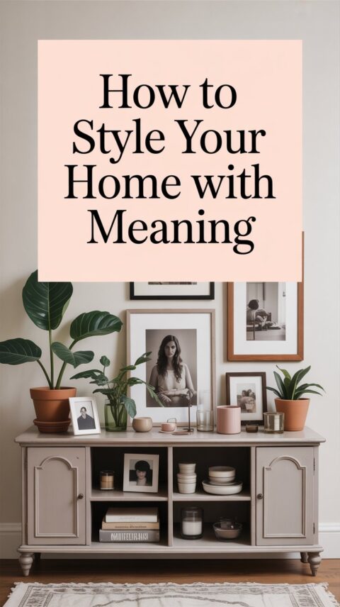 Home decor shelf styled with personal meaningful objects and photos
