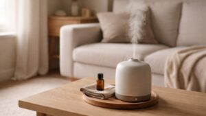 Minimalist living room with a ceramic essential oil diffuser releasing soft mist on a wooden coffee table, styled with a small amber oil bottle and folded linen cloth in warm neutral tones.