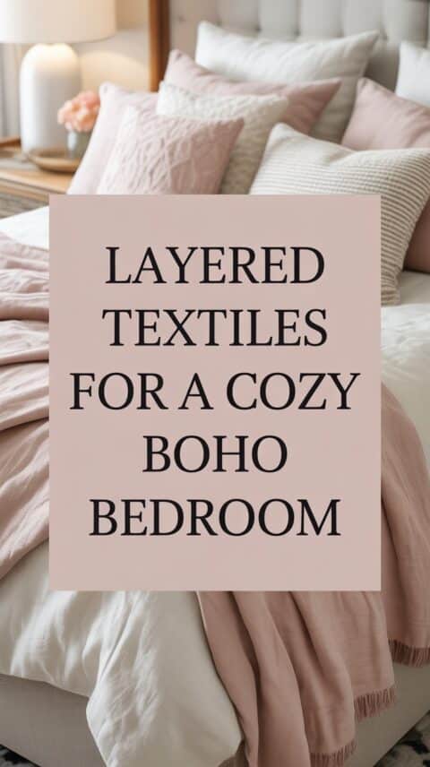 Layered boho bedding with throws, cushions, and neutral textures