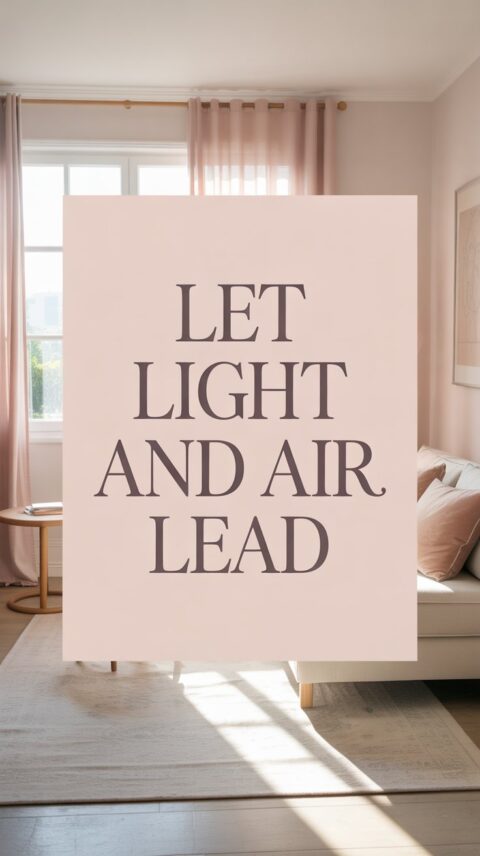 Bright airy room with open curtains and blush pink text overlay reading let light and air lead