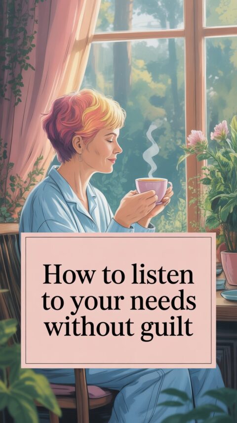 Woman relaxing by a window with tea, representing listening to personal needs and emotional wellbeing