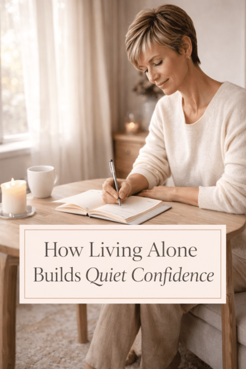 Confident midlife woman with pixie haircut journaling alone by a sunlit window, reflecting self-trust and calm confidence.