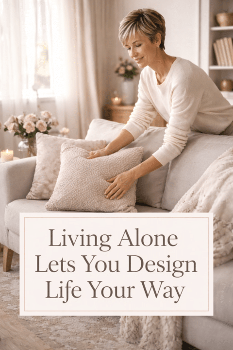 Woman in her 40s with highlighted pixie hair styling her living room alone, creating a calm and intentional home filled with soft neutral decor.