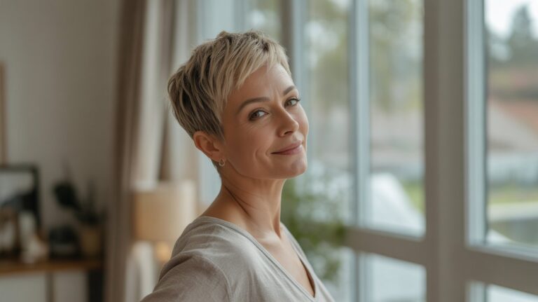 Confident midlife woman standing in soft natural light in an elegant, calm home, embracing a new chapter with clarity and confidence