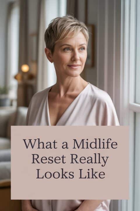 Confident midlife woman standing in soft natural light in an elegant, calm home, embracing a new chapter with clarity and confidence