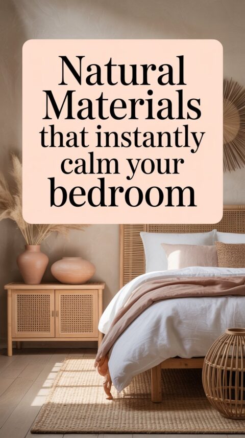 Boho bedroom with wooden furniture, rattan accents, and natural textures