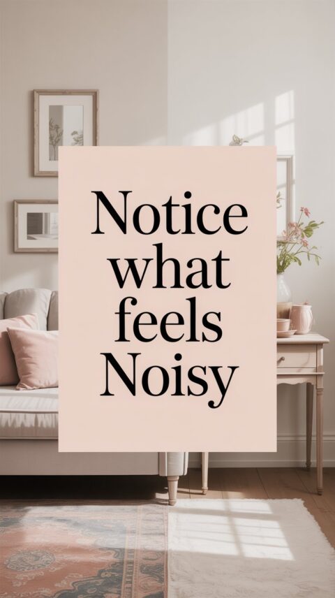 Soft neutral home interior highlighting visual clutter and calm space with blush pink text overlay saying notice what feels noisy