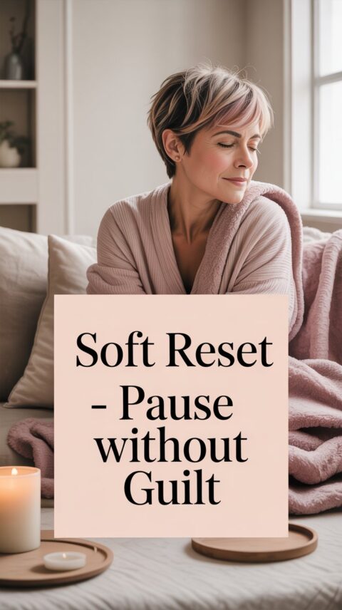 Midlife woman resting calmly at home representing pausing without guilt during burnout recovery