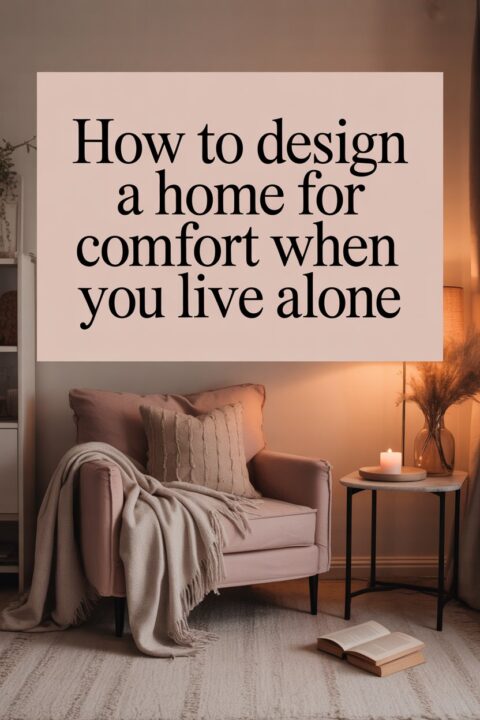 Cosy living room corner with an armchair, soft throws, candlelight, and warm neutral decor designed for comfortable solo living.