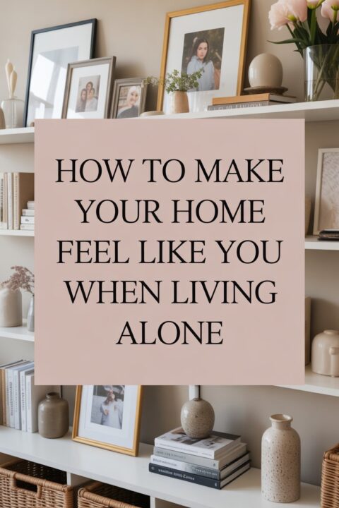 Home decor shelf with framed photos, books, flowers, and personal objects creating a warm and meaningful solo living space.