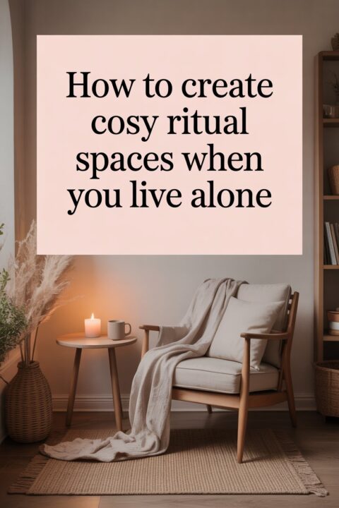 Cosy home ritual space with a chair, candle, and mug designed for calm daily routines in a solo living home.