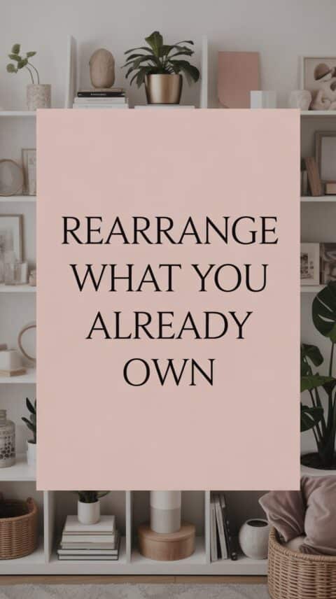 Rearranged home decor on a shelf showing an easy home refresh idea without buying anything