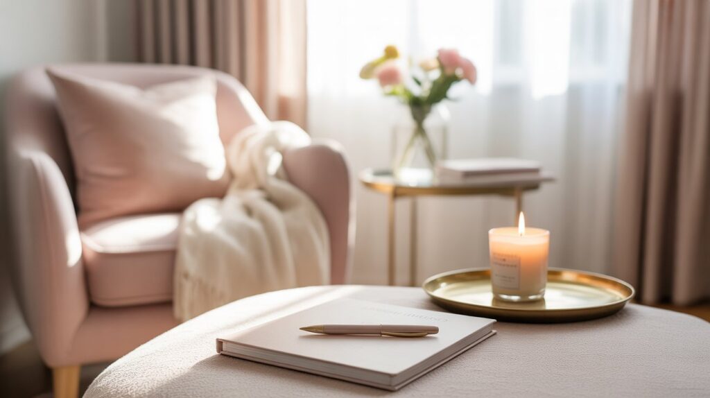 Cosy feminine living space with journal, candle, and soft neutral decor representing a calm self-care mindset
