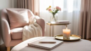 Cosy feminine living space with journal, candle, and soft neutral decor representing a calm self-care mindset