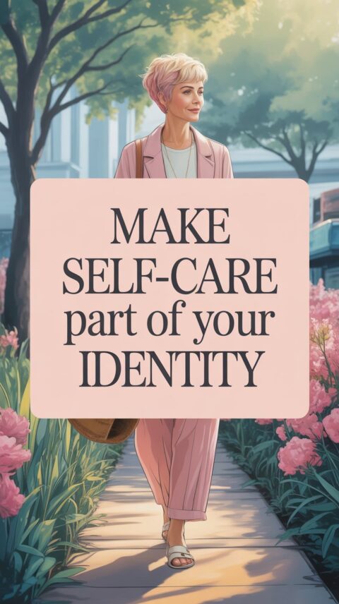 Woman walking calmly outdoors representing confidence and self-care as part of identity