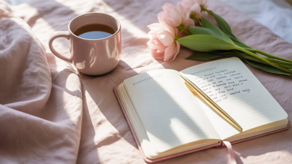 Daily self-love affirmations for confidence and calm with a feminine self-care flat lay and journal